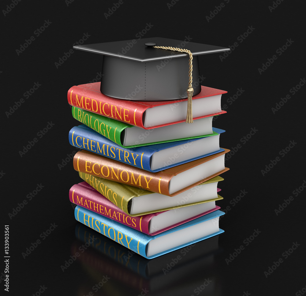 Poster graduation cap and stack of textbooks. image with clipping path
