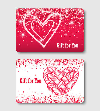 Gift card red and white layout template with glowing circles confetti and hearts. Shopping glittering premium certificate. Valentines Day Concept.