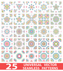25 universal different vector seamless patterns (tiling). Endless texture can be used for wallpaper, pattern fills, web page background, surface textures. Set modern design ornaments