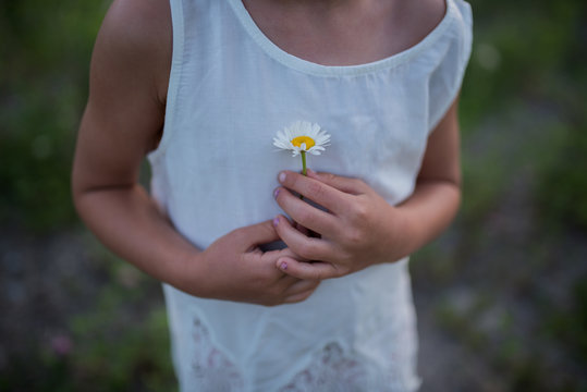 Little Girl Holding Flower Against Chest