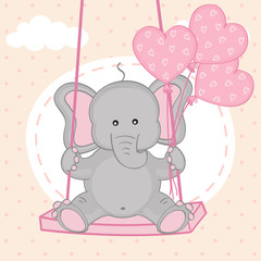 elephant on swing with balloons - vector illustration, eps
