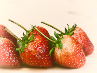 Strawberry Fruit Health , Placed on a wooden floor. (Vintage)