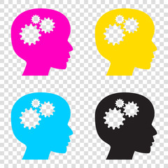 Thinking head sign. CMYK icons on transparent background. Cyan,