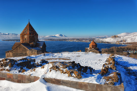 Sevan temple complex on the peninsula of the Lake Sevan, Armenia.