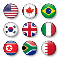 Set of world flags round badges ( USA . Canada . Brazil . South korea . United kingdom of great britain . Italy . North korea . South africa . Bahrain )