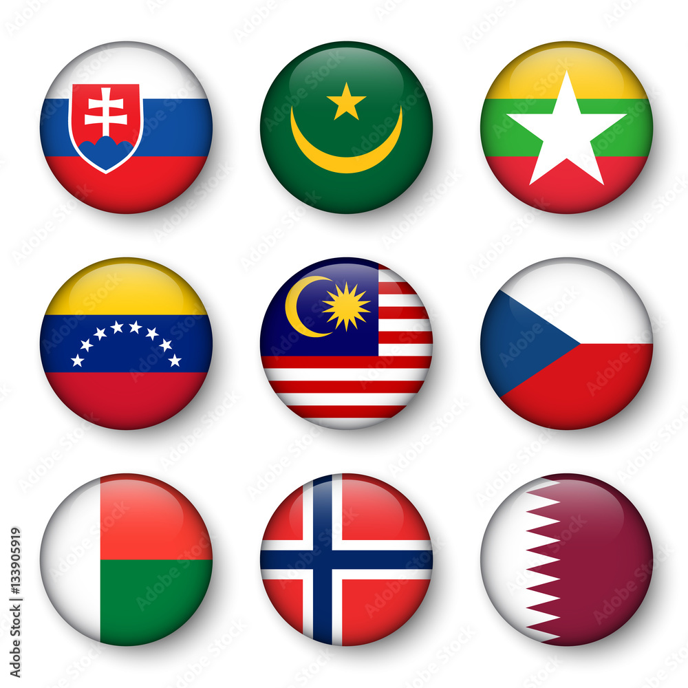 Wall mural set of world flags round badges ( slovakia . mauritania . myanmar . venezuela . malaysia . czech . m