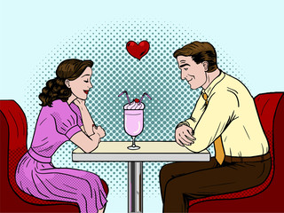 Couple on a date in restaurant. Pop art style  Illustration.