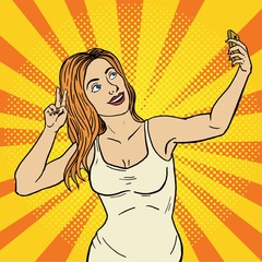 Cute girl taking a selfie. Pop art style illustration.