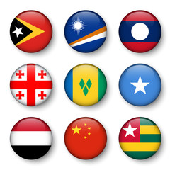 Set of world flags round badges ( East Timor . Marshall Islands . Laos . Georgia . Saint Vincent and the Grenadines . Somalia . Yemen . China . Togo )