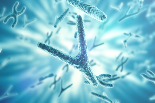 Chromosomes on scientific background. Life and biology, medicine scientific concept with focus effect. 3d rendering