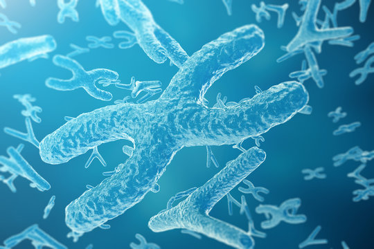 Chromosomes on scientific background. Life and biology, medicine scientific concept with focus effect, 3d rendering
