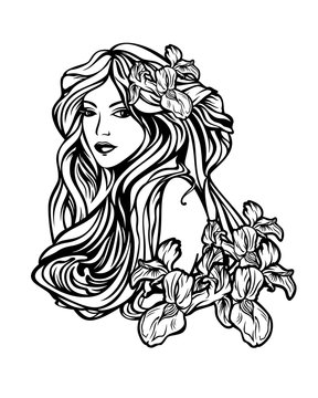 Woman With Long Hair Among Flowers Art Nouveau Style Vector Portrait