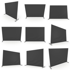 Billet press wall with black screen chroma key banner set. Mobile trade show booth white and blank. 3d render isolated on white background. High Resolution Template for your design.