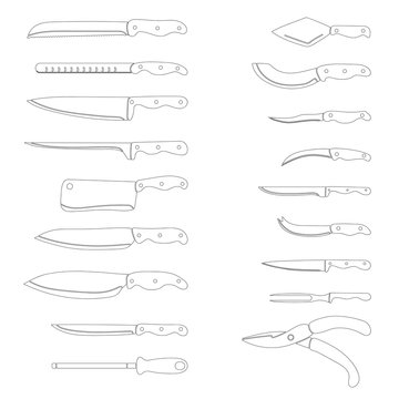 Cutlery Set. Abstract kitchen tools silhouettes outline set. Kitchen utensil. Vector illustration