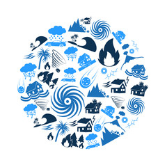 various natural disasters problems in the world blue icons in circle eps10