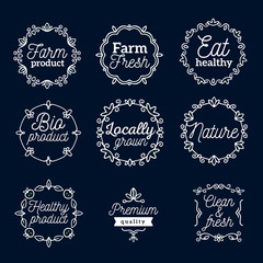 Vector set of eco badges with white text on dark background. Log