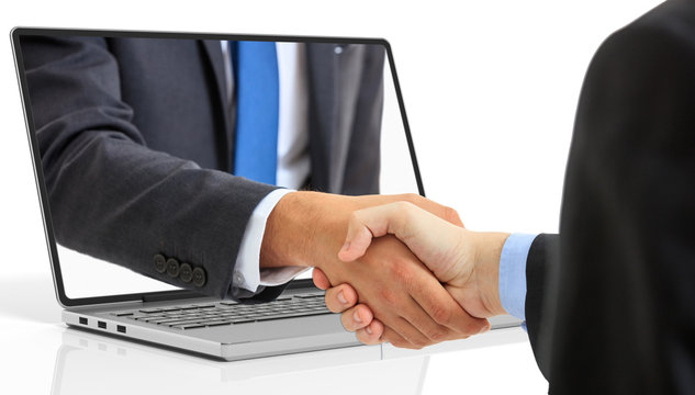 Men shaking hands through a laptop screen. 3d illustration