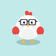A Cute chicken/Rooster Geek, nerd character with funny nerd glasses isolated on sky blue background. Flat design vector illustration for greeting, invitation card.