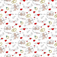 Seamless pattern with angels and hearts in doodle style. Valentines Day. Romantic love hand draw on white background