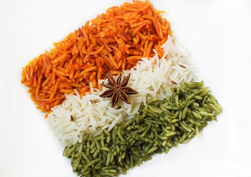 Rice Pulao in Indian flag color / Indian republic day food , selective focus