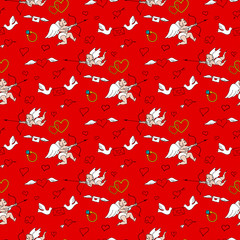 Seamless pattern with angels and hearts in doodle style. Valentines Day. Romantic love hand draw on red background