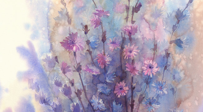 Blue Pink Flower Watercolor Background