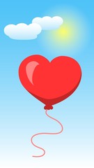 Fototapeta na wymiar Heart Shape Of Baloon on Blue Sky and White Clouds. Valentines Day. Vector illustration