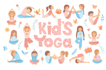 Cute kids doing yoga exercises. Yoga kids set. Gymnastics for children and healthy lifestyle. Vector illustration.