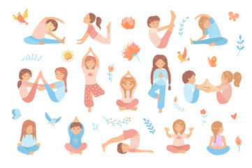 Cute kids doing yoga exercises. Yoga kids set. Gymnastics for children and healthy lifestyle. Vector illustration.