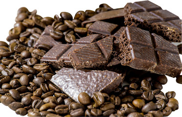 Chocolate and coffee beans on a white plate isolated background