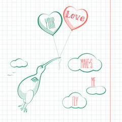 Happy valentines day card with kivi bird, baloons and hearts. Valentine Love vector.