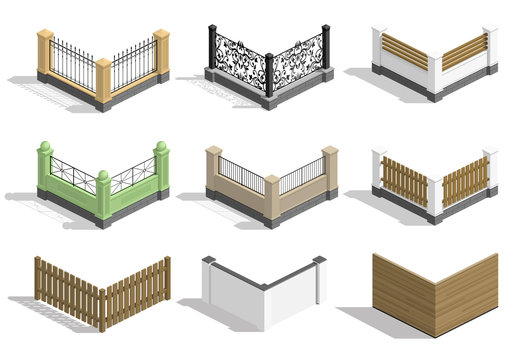 Set of different sections of the fence in vector graphics