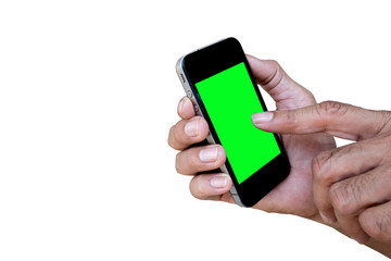 Man hand holding and using mobile,cell phone,smart phone with isolated screen on white background.