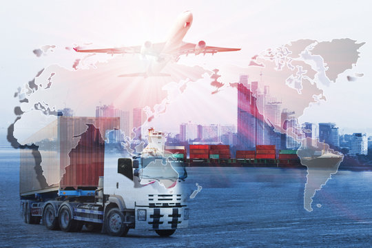 Global logistics network Web site concept, Air cargo trucking rail transportation maritime shipping On-time delivery