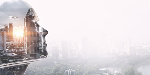 Cute girl and modern city . Mixed media