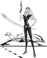 Cyber woman with spaceship and rifle - vector illustration