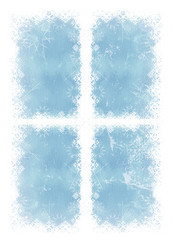 Fensterrahmen mit Eiskristallen auf blauen Hintergrund
