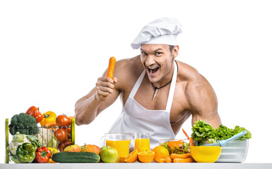 Man bodybuilder in white toque blanche and cook protective apron