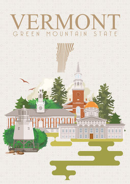 Vermont vector american poster. USA travel illustration. United States of America colorful greeting card, Burlington.