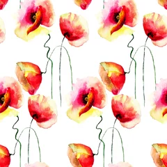 Papier peint Coquelicots Modèle sans couture avec des fleurs de coquelicots rouges