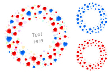 Circles from hearts; Icons from symbols of love for Valentine's Day, weddings and lovely design with a text frame and copy space; Vector banner set Eps8