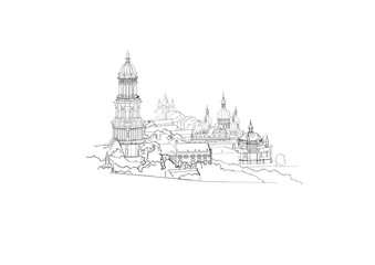 Naklejka premium City panorama Vector illustration. Hand drawn line sketch Europe