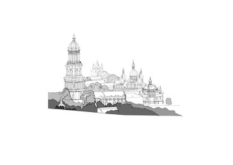 City panorama Vector illustration. Hand drawn line sketch Europe