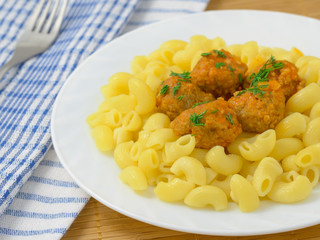 Pasta with meatballs on the plate.