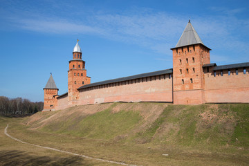 View of towers of the Kremlin of Veliky Novgorod in the sunny April day. Russia