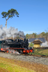 Fototapeta na wymiar Historical steam train on island Rugen in Germany, text space