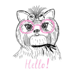 cute puppy with glasses sketch doodle. Vector illustration.
