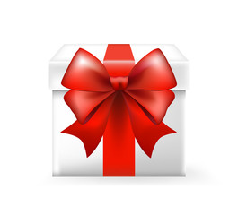 3d Realistic White Gift Box with Red Bow. Isolated Vector Element.