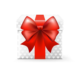 3d Realistic White Gift Box with Red Bow. Isolated Vector Element.