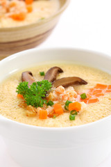 Steamed Egg with shrimp on white Background.